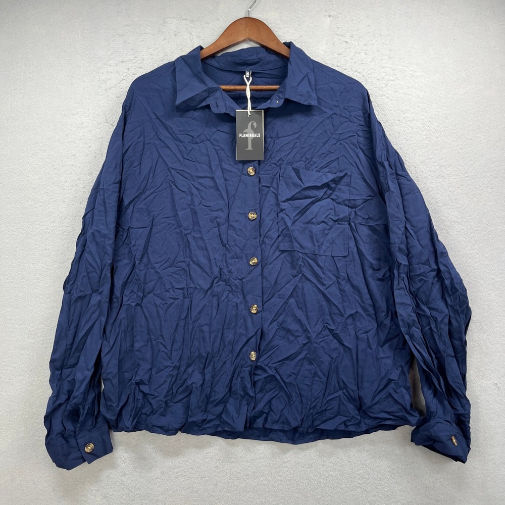 Flamingals Button Down Shirt Womens 3XL Blue Long Sleeve Preppy Chic Casual NEW